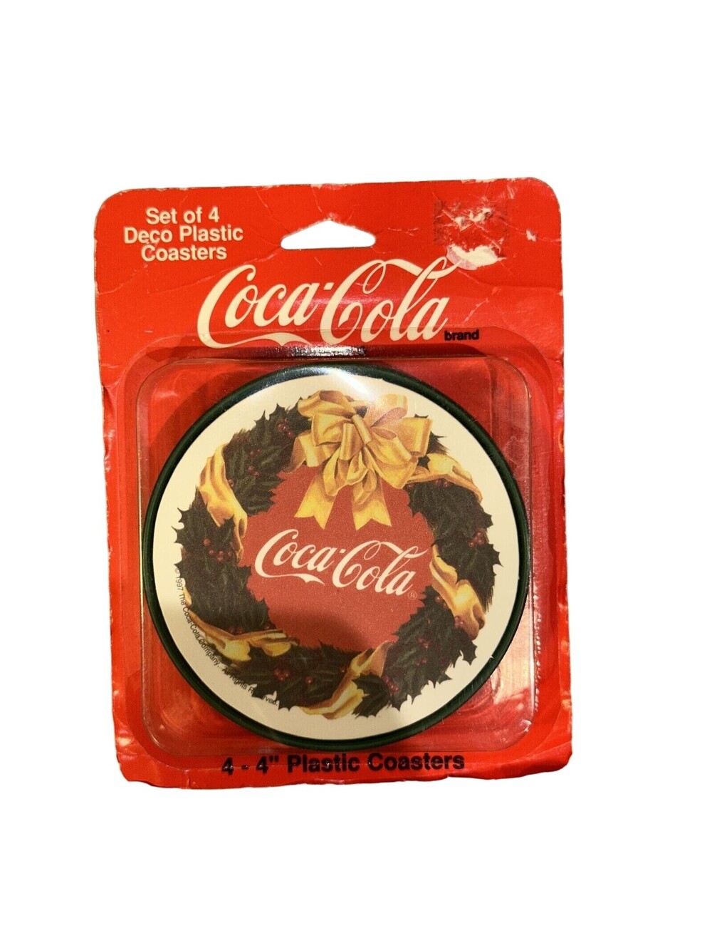 NEW Vintage Coca Cola Christmas Wreath Plastic Coasters 4" Set 1997 4NIP